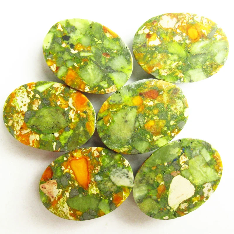 Free Shipping 6Pcs 30x20mm Yellow&Green Sea Sediment Jasper Pyrite Oval Cabochon DIY Jewelry Making Ring Bracelet Accessories