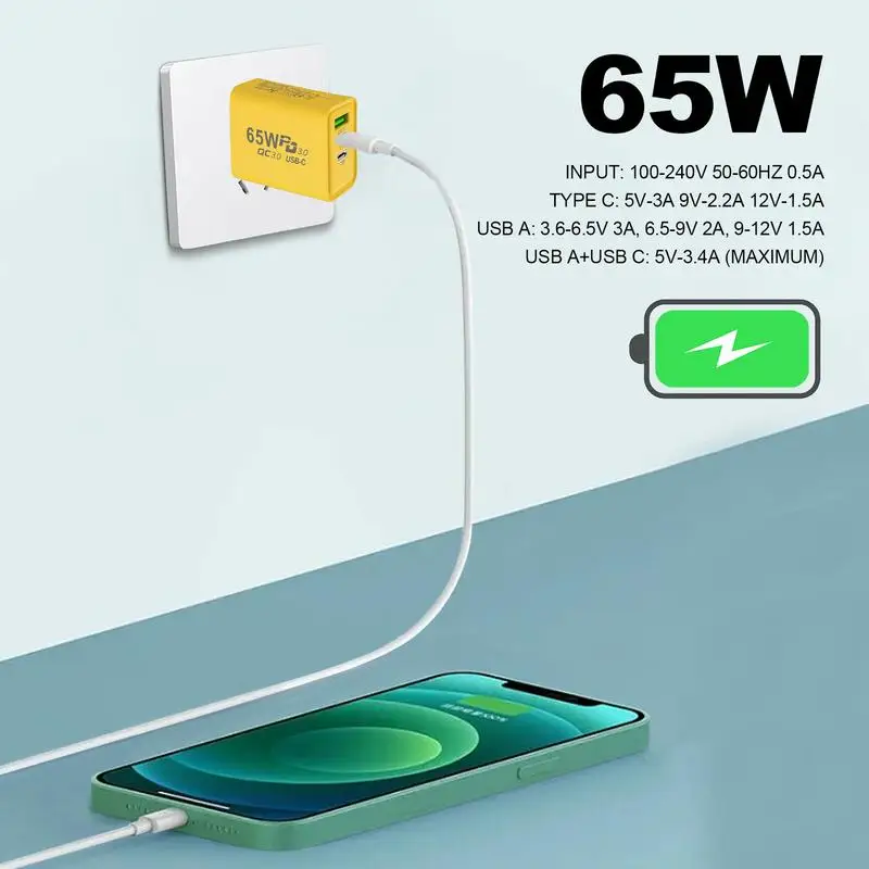 Type C Phone Charger Block 65W Multi-Port Charging Phone Station With 3 Ports Cell Phone Power Adapter For Vocation Home