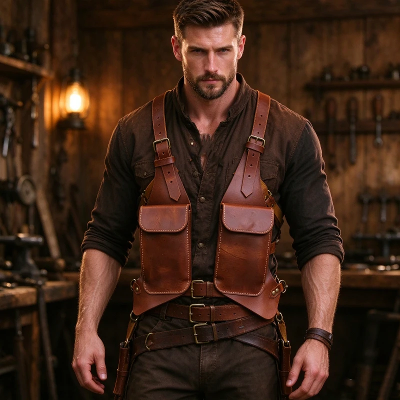 Adult Harness Bag Punk Style Double Shoulder Armpit Faux Leather Wallet With Adjustable Strap Vintage Cosplay Costume Props