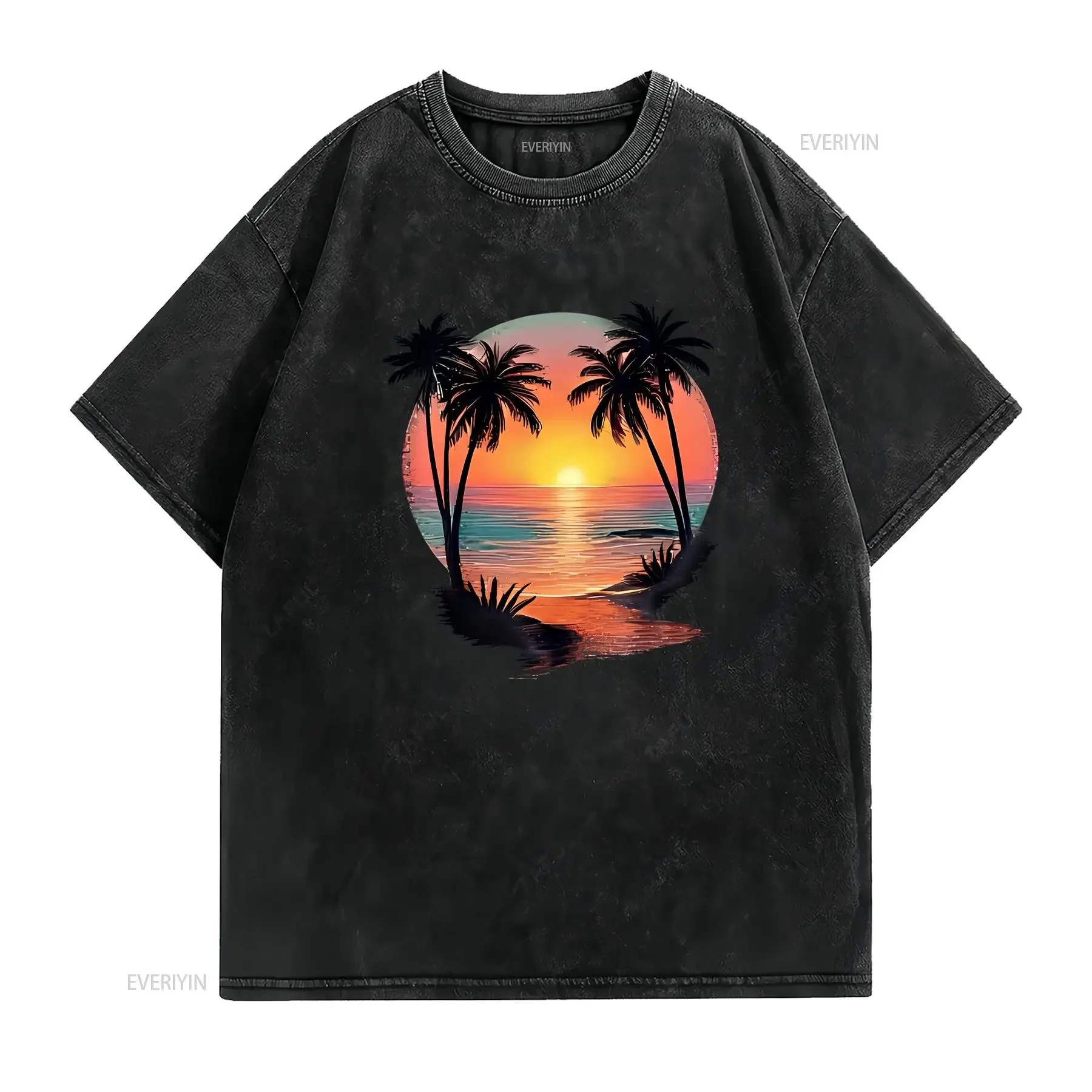 Vibrant Sunset Beach T Shirt with Silhouetted Trees Black for Relaxed Vibes vintage Washed Stretched Soft homme