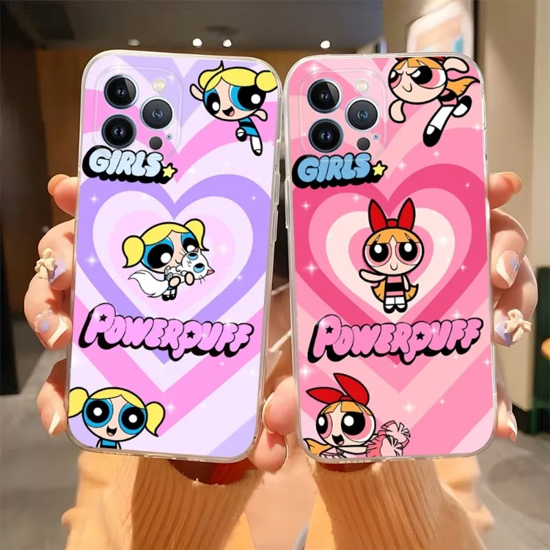 The P-PowerpuffS Girls Phone Case Hot Transparent For Iphone 14Pro 11 15 12 13 Pro Max Mini 6 6s 7 8 Plus X XR XS SE2020 Cover