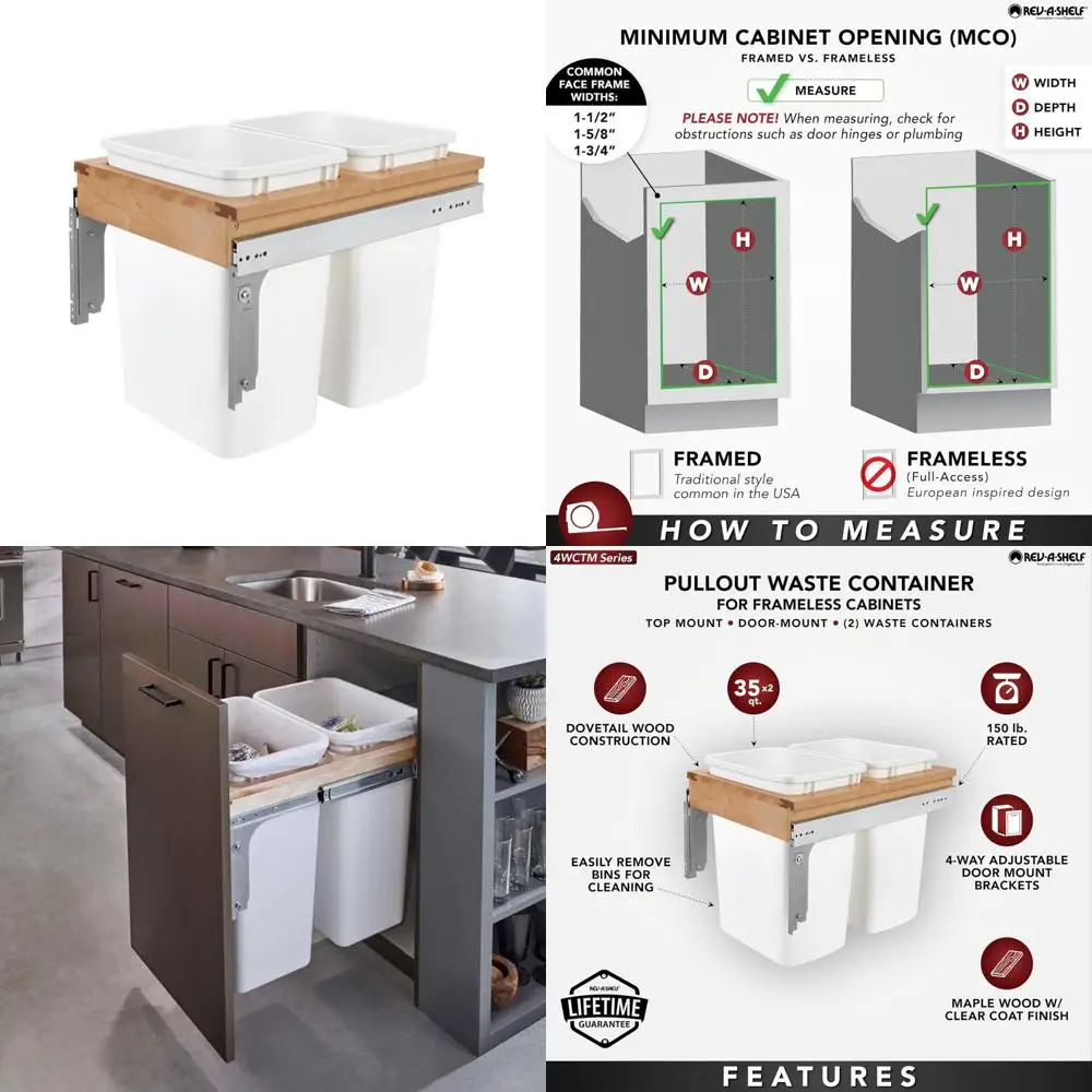 

«Версия-полка, двойное выдвижное мусорное ведро для кухонных и ванных комнат, мусорное ведро с верхним креплением на 35 литров, ширина 15 дюймов, белый"