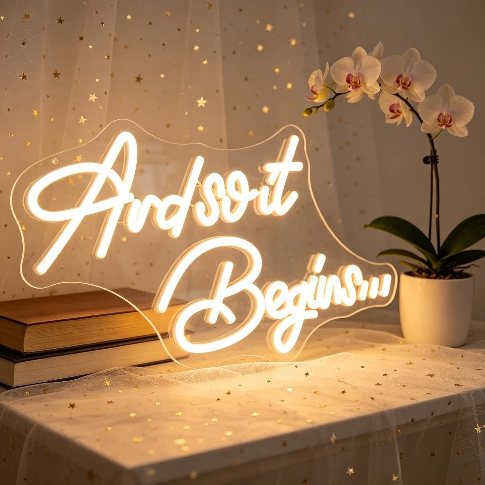 And So It Begins Neon Sign LED Marquee Light for Home Desk Decor Inspirational Wall Art USB Night Light Wedding Graduation Gift