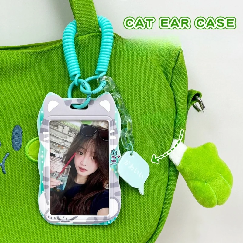 

Милый дизайн кота Kpop, чехол для фотокарточек, раздвижная крышка, держатель для удостоверения личности с брелоком, подвеска, защита для студенческой еды, защита для карт