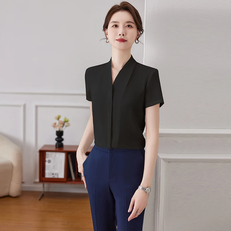 NAVIU Blue Short Sleeve Women Summer Thin 2024 New V Neck Professional Formal Chiffon White Black Blouses Office Ladies Work Top