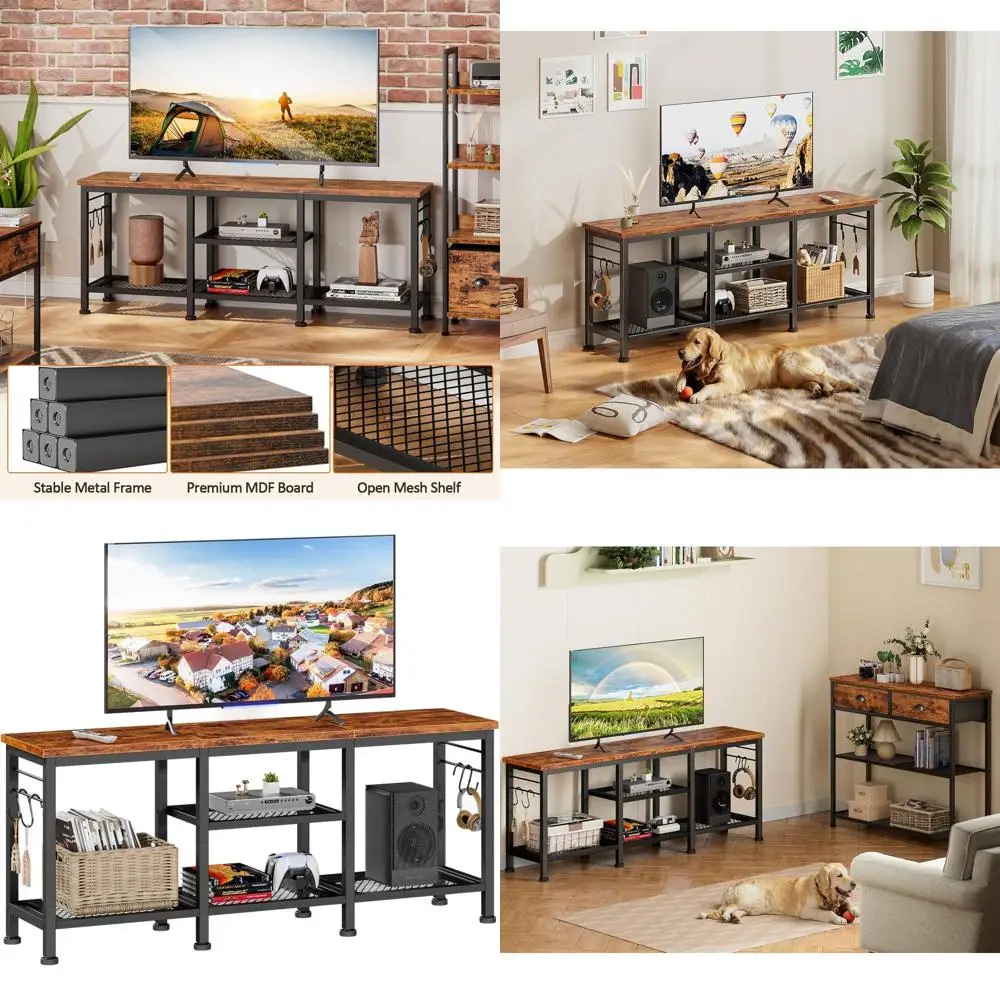 55 Inch TV Stand, Open Shelved Entertainment Center, Rustic Brown Media Console with Soundbar Shelf