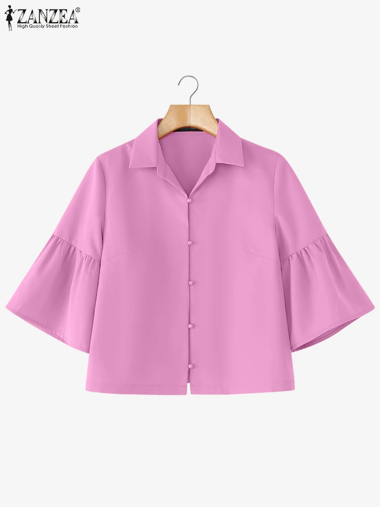 

ZANZEA, рубашки больших размеров, женские осенние туники с расклешенными рукавами, топы с воротником с лацканами, однотонная повседневная блузка, элегантные офисные женские блузки