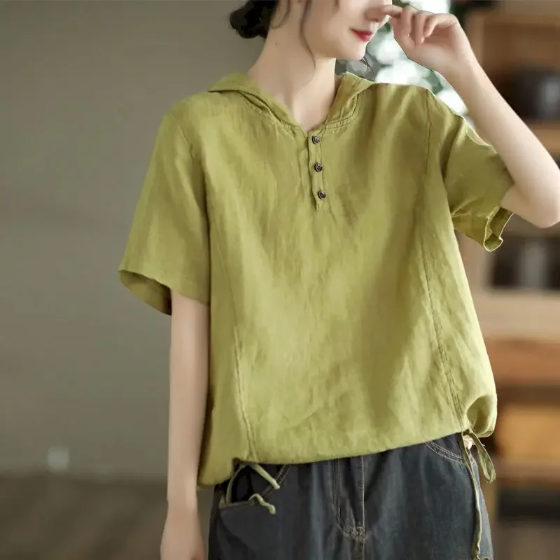 Cotton Linen T Shirts Women Casual Vintage Hooded T-Shirt V-Neck Solid Loose Oversized Short Sleeve Top Summer Trend Thin Tshirt