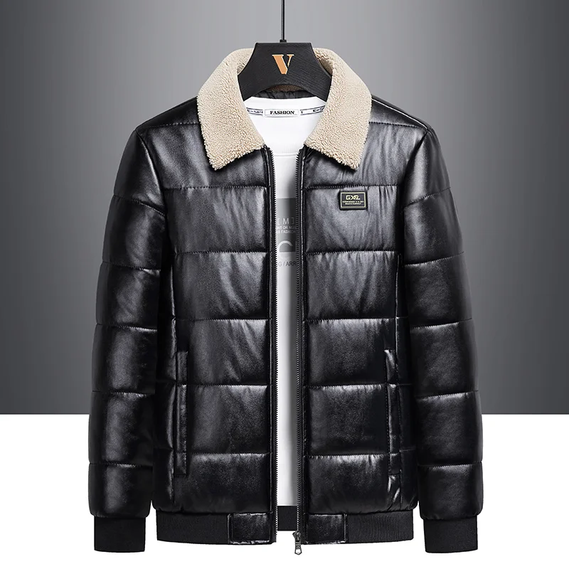 

Мужская куртка из утолщенной искусственной кожи с воротником из овечьей шерсти, байкерская куртка, хлопковое пальто, повседневная верхняя одежда в мотоциклетном стиле, мужская куртка