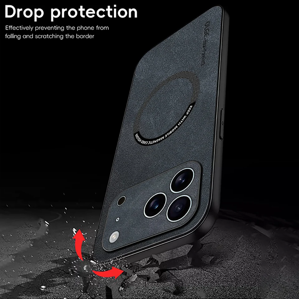 Funda de cuero con Magsafe a prueba de golpes para iPhone 17 16 15 14 13 12 11 Pro Max 16e Plus Air Carga inalámbrica magnética 4