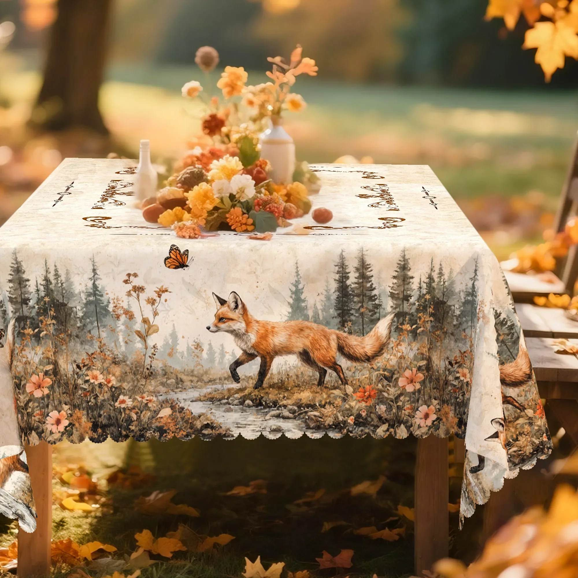 Single pack, autumn, rural tablecloth, white decoration, fox and butterfly pattern, rural, vintage stylexzj