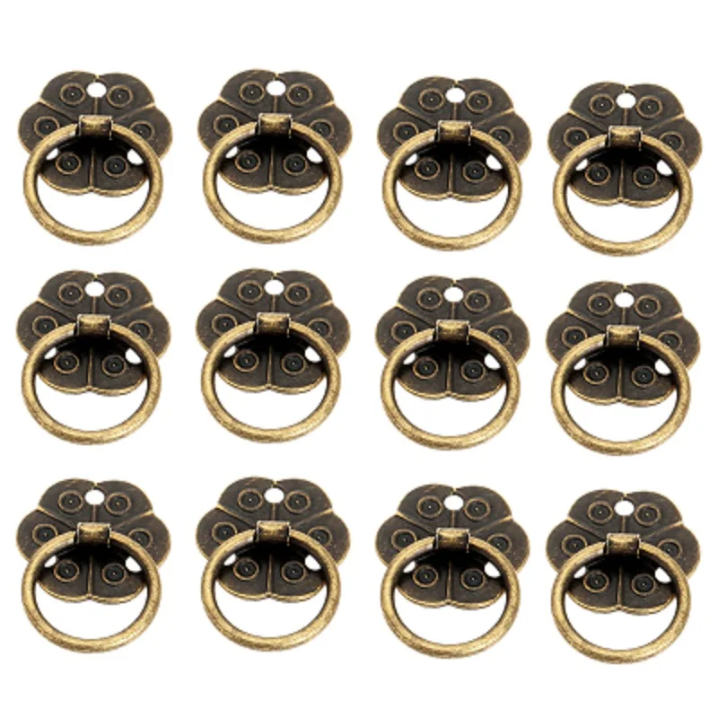 12Pcs Antique Brass Drawer Ring Pull Vintage Decorative Handle with Screw for Furniture Cabinet Cupboard Dresser Wooden Case Box