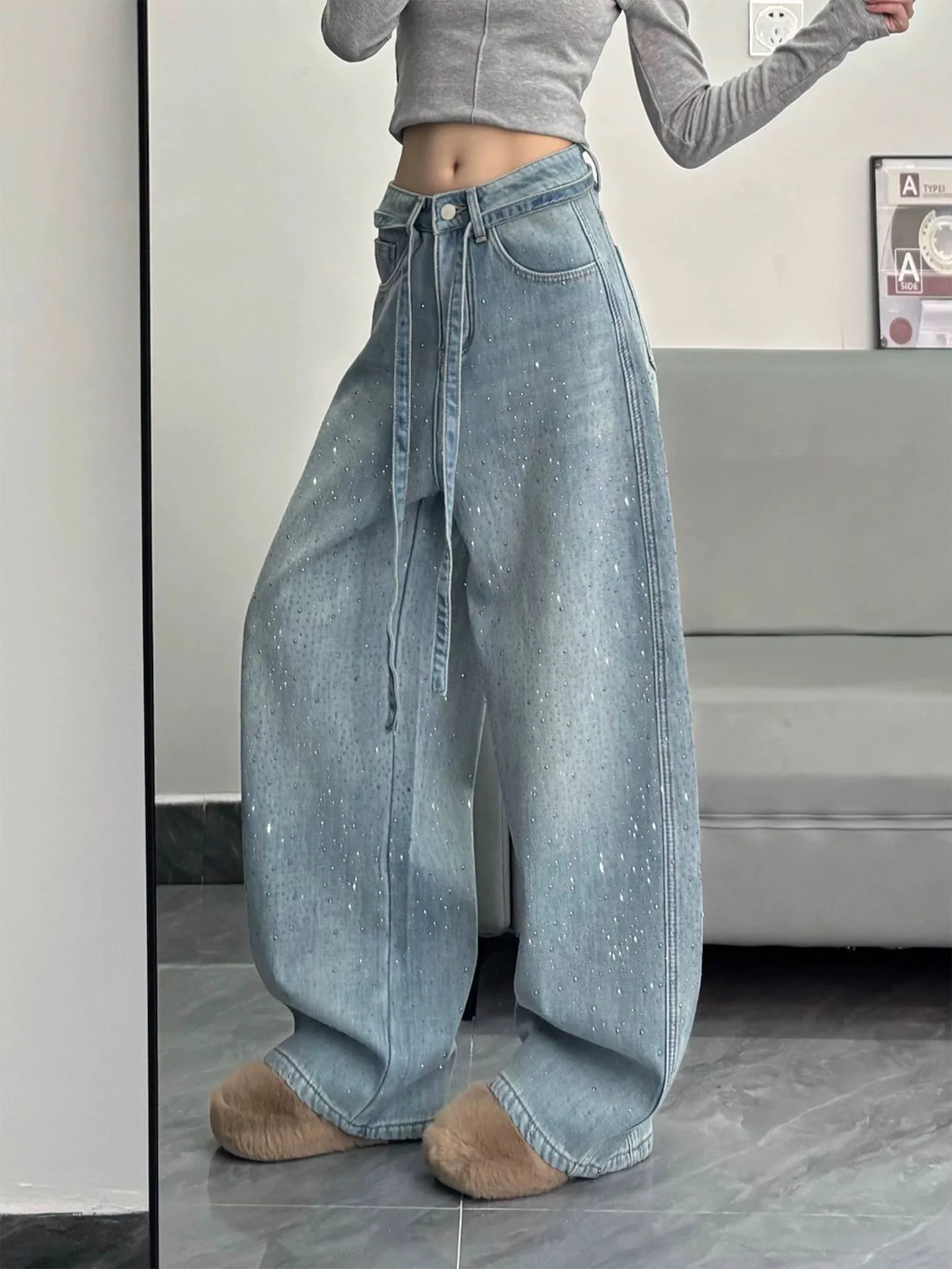 Women Y2K Wide Leg Pants American Retro Hot Stamping Sparkling Jeans Loose Floor Pants Winter
