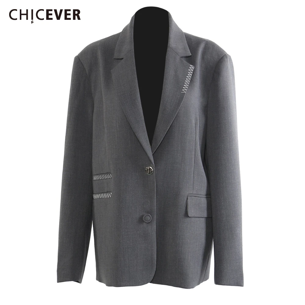 

CHICEVER серая куртка Normcore с карманами, женская свободная офисная женская куртка с лацканами и длинными рукавами, осенняя мода, новый стиль