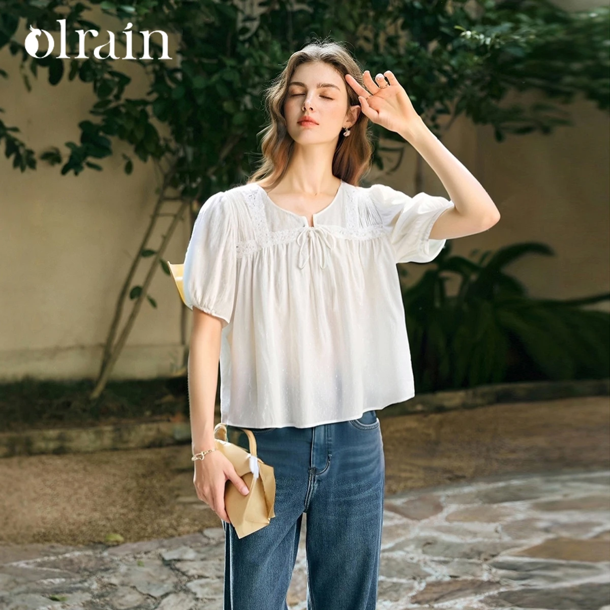 

OLrain Women Bubble Sleeve Blouses White Lace Round Neck Lace-up Shirts Summer 2025 Holiday Style Loose Ladies Tops O57XX98233