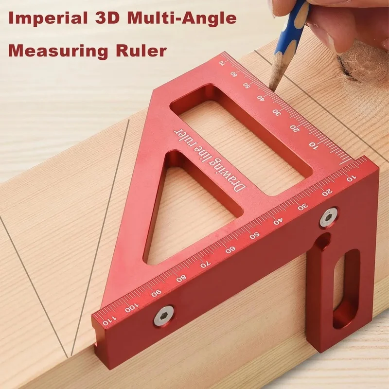 Regla de medición roja de aluminio multiángulo 3D, transportador cuadrado para carpintería de 45/90 grados, línea de dibujo, herramienta de diseño triangular de inglete