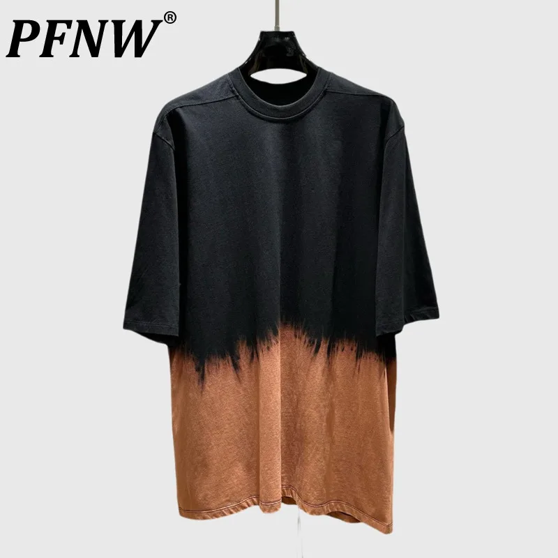 PFNW Hig Quality Unisex Cotton Soft Colorblock Spliced Tie-dye Embroidery Short Sleeve T-shirt Men O-neck Loose Tide Tee 28W5861