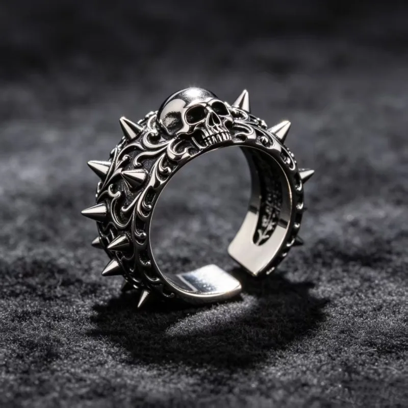 Vintage skull, rivet opening, men's and women's rings, street trend, neutral style jewelry.
