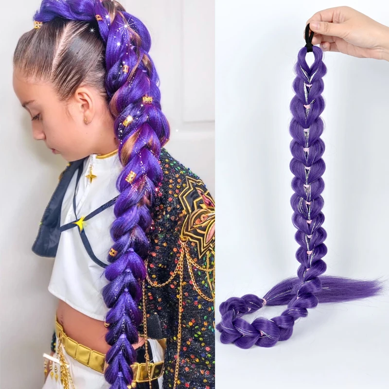 

LUPU 32-дюймовый фиолетовый синтетический плетеный парик с резинкой и блестящим цветным хвостом из мишуры, подходит для прически Rumi для девочек