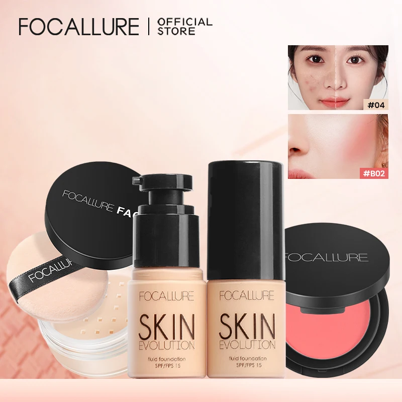 FOCALLURE Face Makeup Set Liquid Foundation Loose Powder Blusher Waterproof Long-lasting Full Coverage Concealer Women Cosmetics