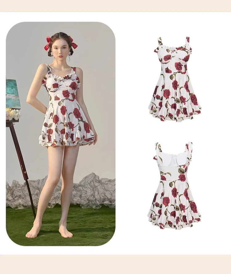 Novedad de verano, traje de baño de una pieza con estampado de rosas conservador para piscina, traje de baño femenino con tirantes y volantes dulces para vacaciones en la playa