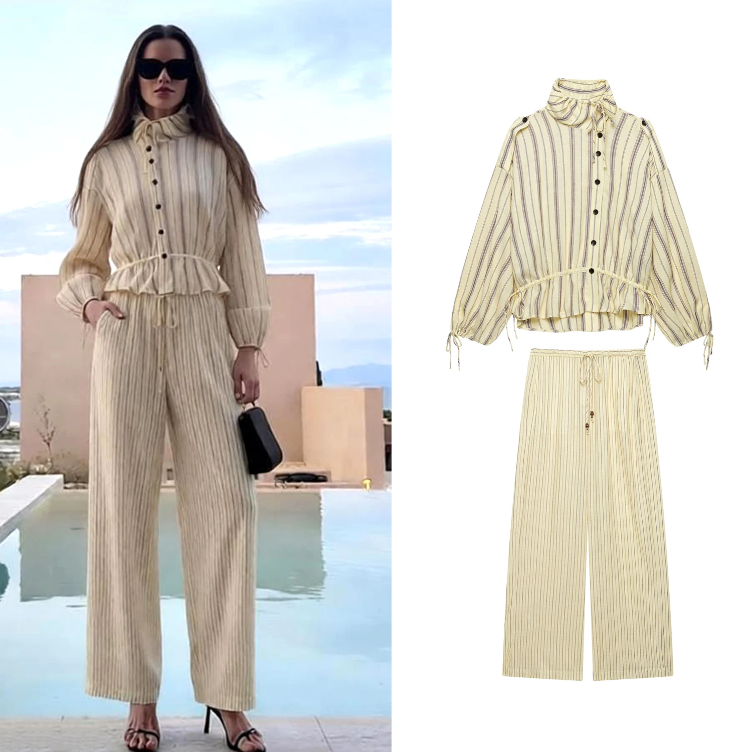 Spring Autumn Casual Women Striped Pants Suits Set Female Chic Single Breasted Loose Jacket Or Waist Lace-Up Wide Leg Trousers