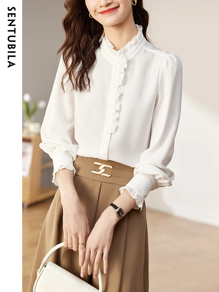 

SENTUBILA Elegant Ruffled White Shirts for Women 2024 New Fashion Stand Collar Long Sleeve Chiffon Tops Office Wear 131V46907