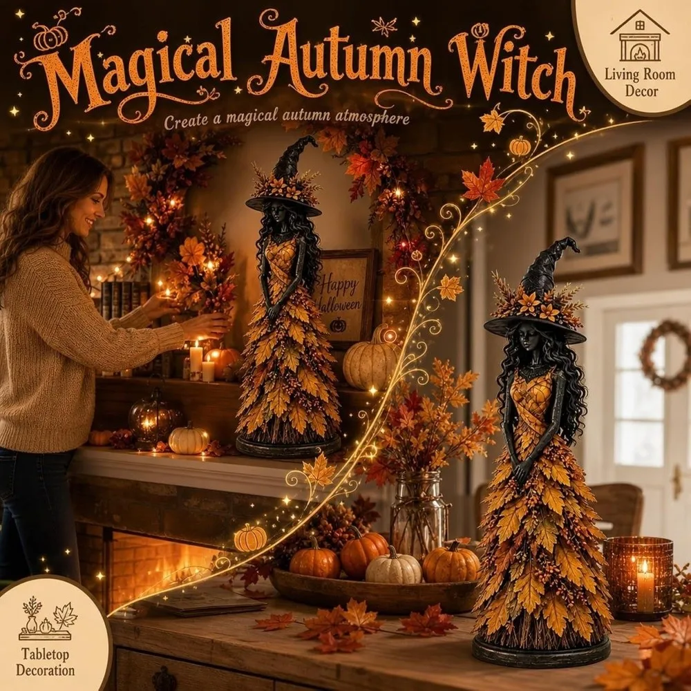 Vintage Autumn Witch Figurine Rustic Leaf Gown Leaf Witch Resin Ornament Whimsical Gothic Halloween