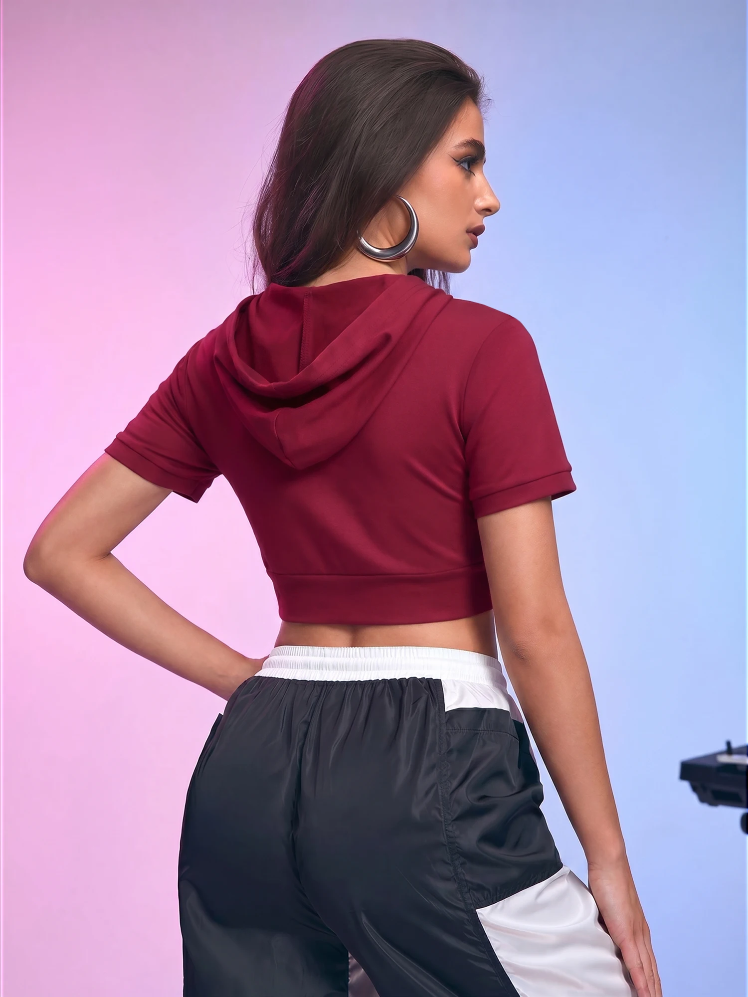 Goth Street Style Full Zip Hooded Crop Top Short Sleeve Slim Cropped Hoodie Ladies Casual Basic Tees