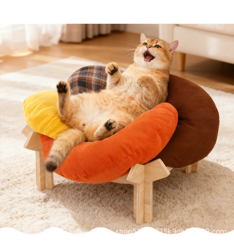 Summer Solid Wood Cat Bed: Raised Off the Ground to Prevent Moisture, Two-Tone Plush, Scratch-Resistant Pet Product