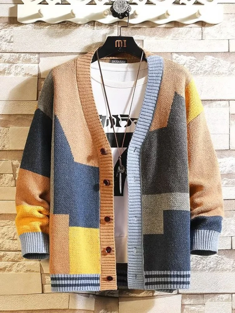 Cardigans Men High Street Youthful Vitality Spring Autumn Baseball Collar Geometric Asymmetric American Style Teenagers Handsome