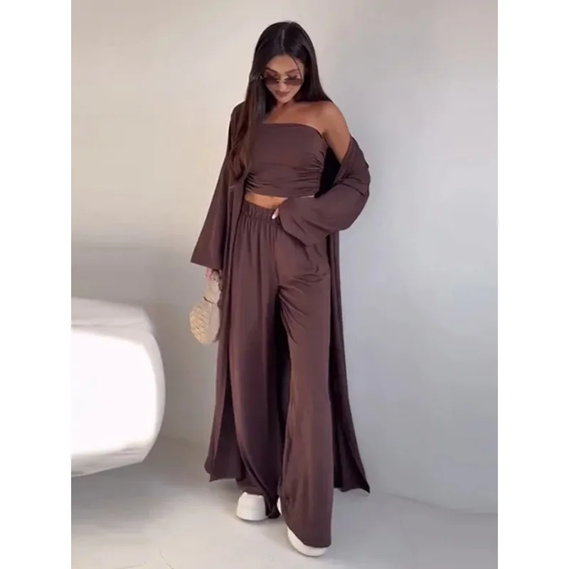 

Женский костюм-тройка: кардиган с длинным рукавом, брюки на бретелях и широкие брюки, весна-лето 2026, новый, повседневный, элегантный