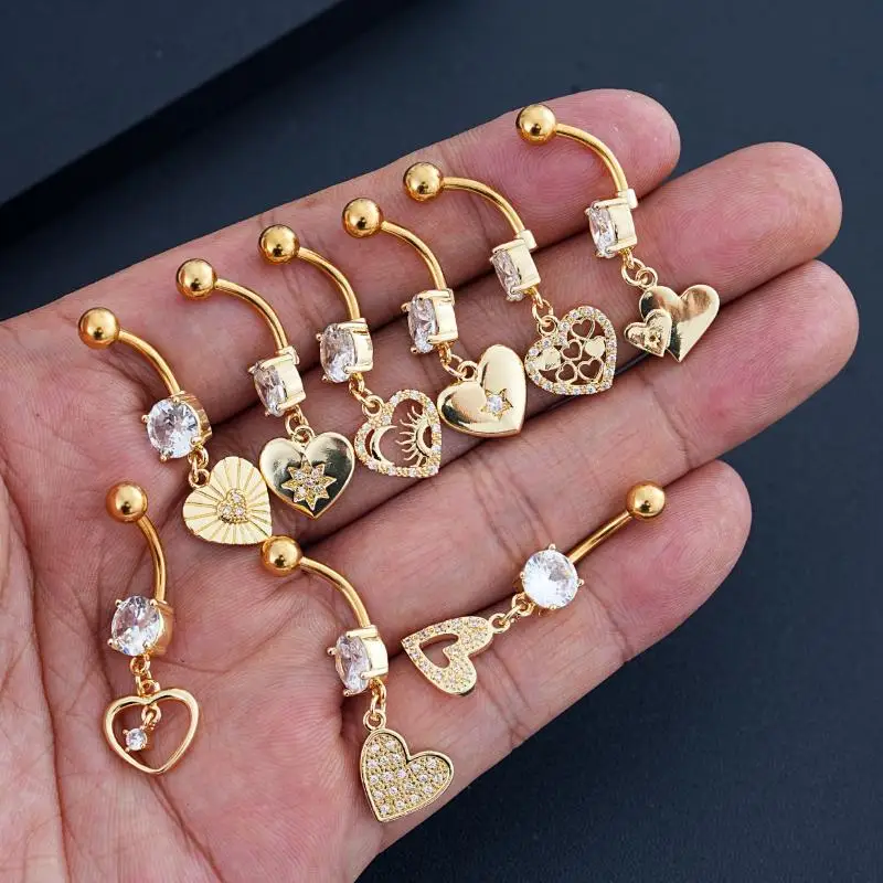 خاتم زر البطن الساحر من الفولاذ المقاوم للصدأ، تفاصيل القلب والزركون، إكسسوار مثير لثقب الجسم للنساء، مجوهرات الشاطئ #4