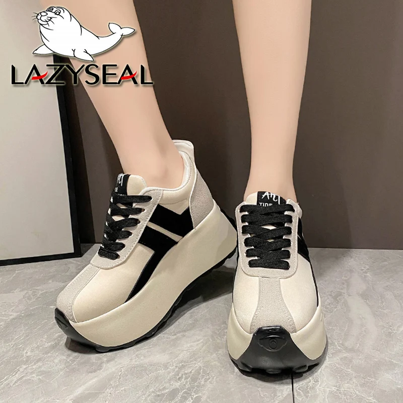 LazySeal buty na platformie kobiety 7.5cm wysokie góry kobiety buty zasznurować wiosna jesień trampki Chunky Sneaker Wedge białe buty na co dzień