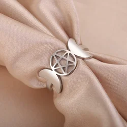 Triple Moon Goddess Pentagram Rings Women Men Stainless Steel Pentacle with Two Moons Ring Wicca Amulet Jewelry Valentine Gift