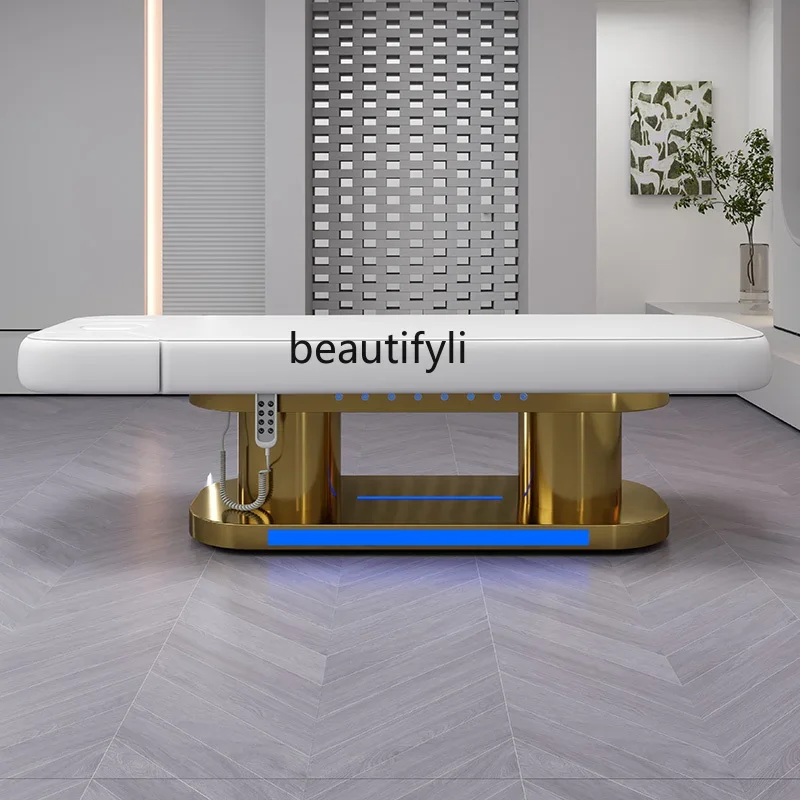 Ascensore elettrico lettino per la cura della bellezza salone di bellezza Led in acciaio inossidabile placcato oro massaggio divano tatuaggio