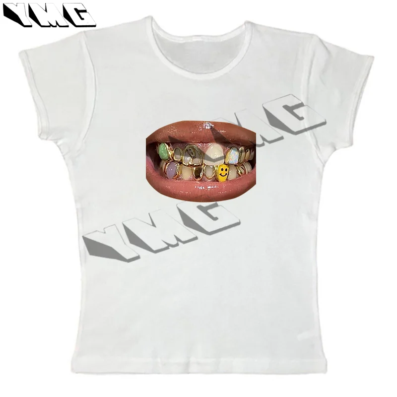 High street T-shirt Y2K hip-hop punk rock big mouth print slim fit short T-shirt round neck sexy short sleeved top street wear