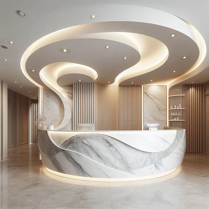 

Modern Salon Front Desk bar Counter Service Natural Soild Wood Round Shaped Small Office Reception Table