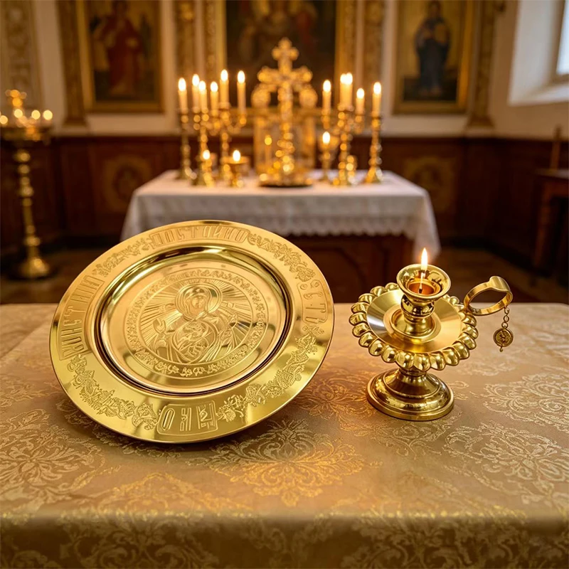 

Vintage Gold Plated Orthodox Candle Holder with Disk Tray for Church Liturgy Home Altar Prayer Devotion Christian Religious Gift