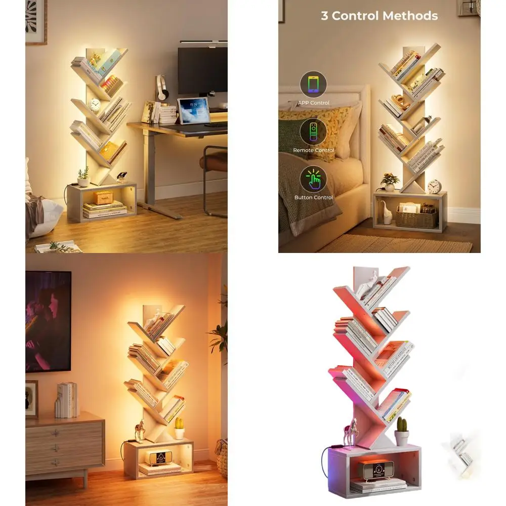

Illuminated 6-Tier Tree Bookshelf, LED Storage Organizer Bookcase, Compact Corner Floor Standing Shelf for Living Room, Bedroom,