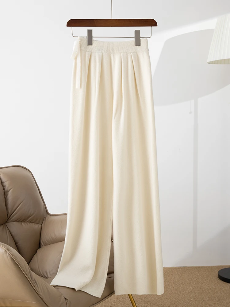 TLOML Fashion New Women's 100% Merino Wool Knitted Trousers Wide Leg Pants Autumn Winter Soft Warm Side Lace-up Comfy Wool Pants