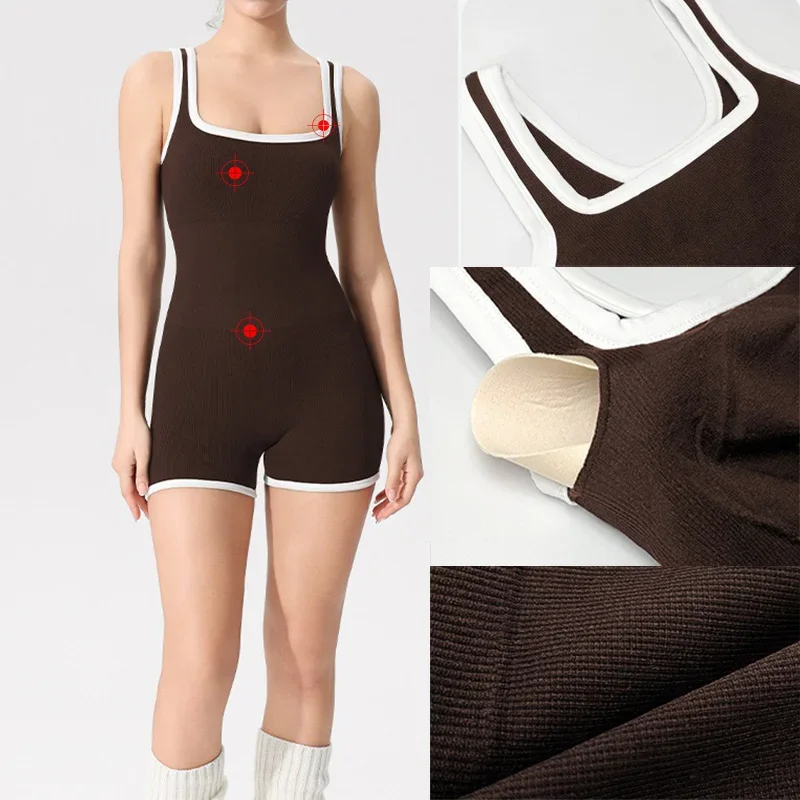 Aiithuug Splicing Black White Joint Sexy Yoga Romper Ribbed Athletic Jumpsuits Seamless One Piece Bodysuit Square Neck Tank Tops