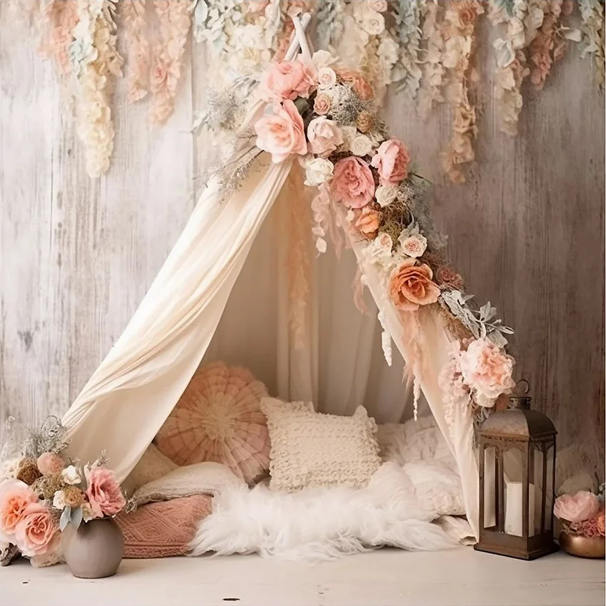 Mehofond التصوير خلفية البوهيمي الزهور مخيم خيمة الفتيات حفلة عيد ميلاد كعكة سحق صورة ديكور خلفية استوديو الصور