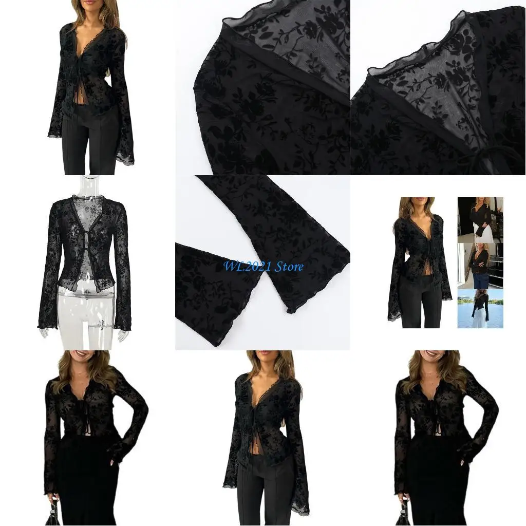 

G5GC Изысканный топ с расклешенными манжетами. Прозрачный дизайн. Простая в уходе женская рубашка из полиэстера. Весенний и