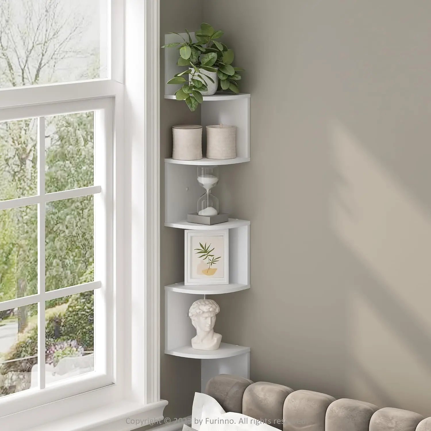 5-Tier Floating Corner Shelf for Wall, Zigzag Radial Shelves Mounted, Home Office Living Room Bedroom Bathroom Storage, White