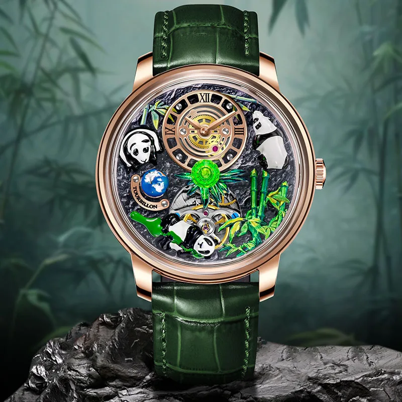 PINDU 2025 New Panda Series National Treasure Symbol Men Mechanical Watch Rotating Crystal Ball 45.5MM Men Automatic Wristwatch