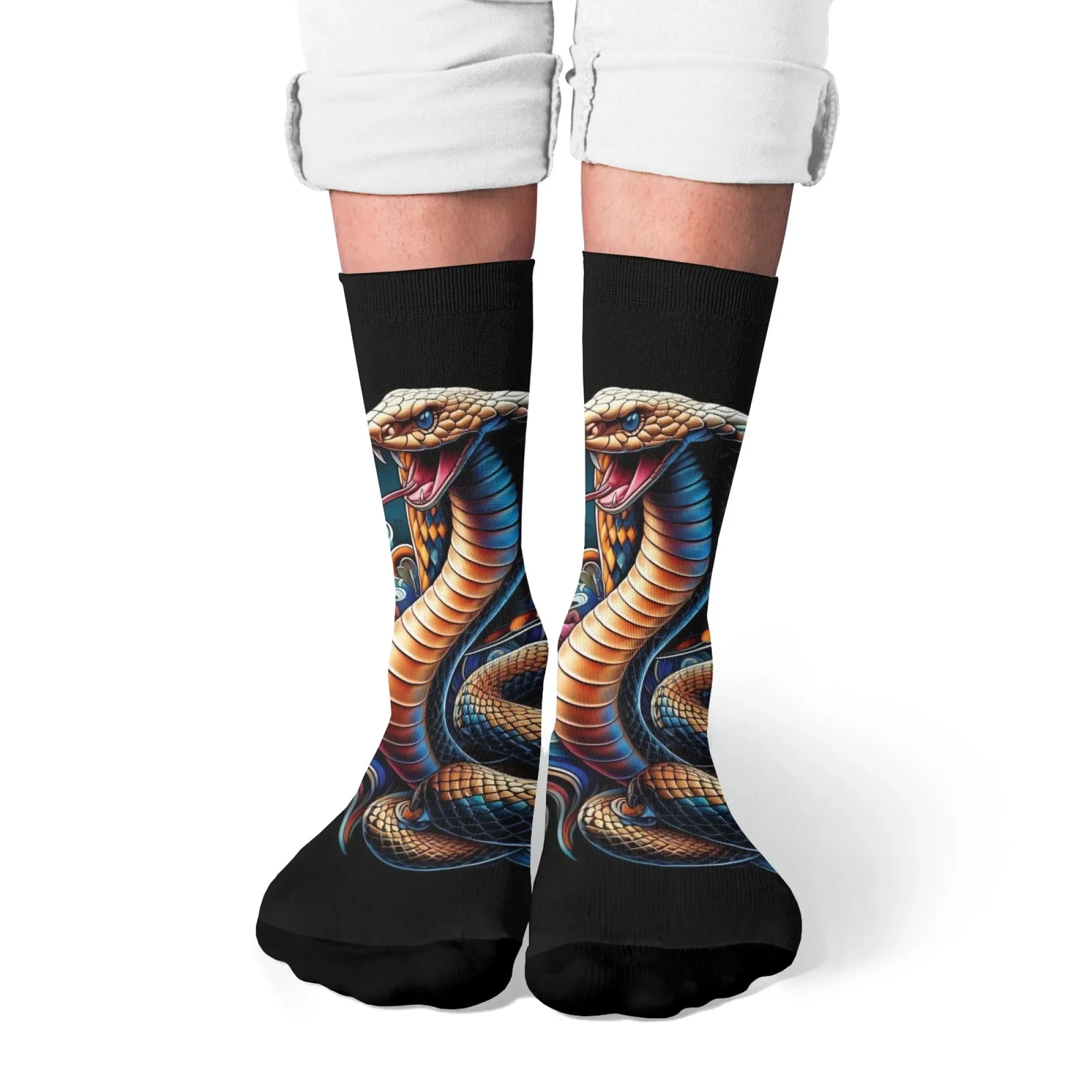 

1 Pair All-Season Crew Socks，Ruthless Snake Pattern Print Polyester, Stocking for Casual Sports & Outdoor ，Men & Women