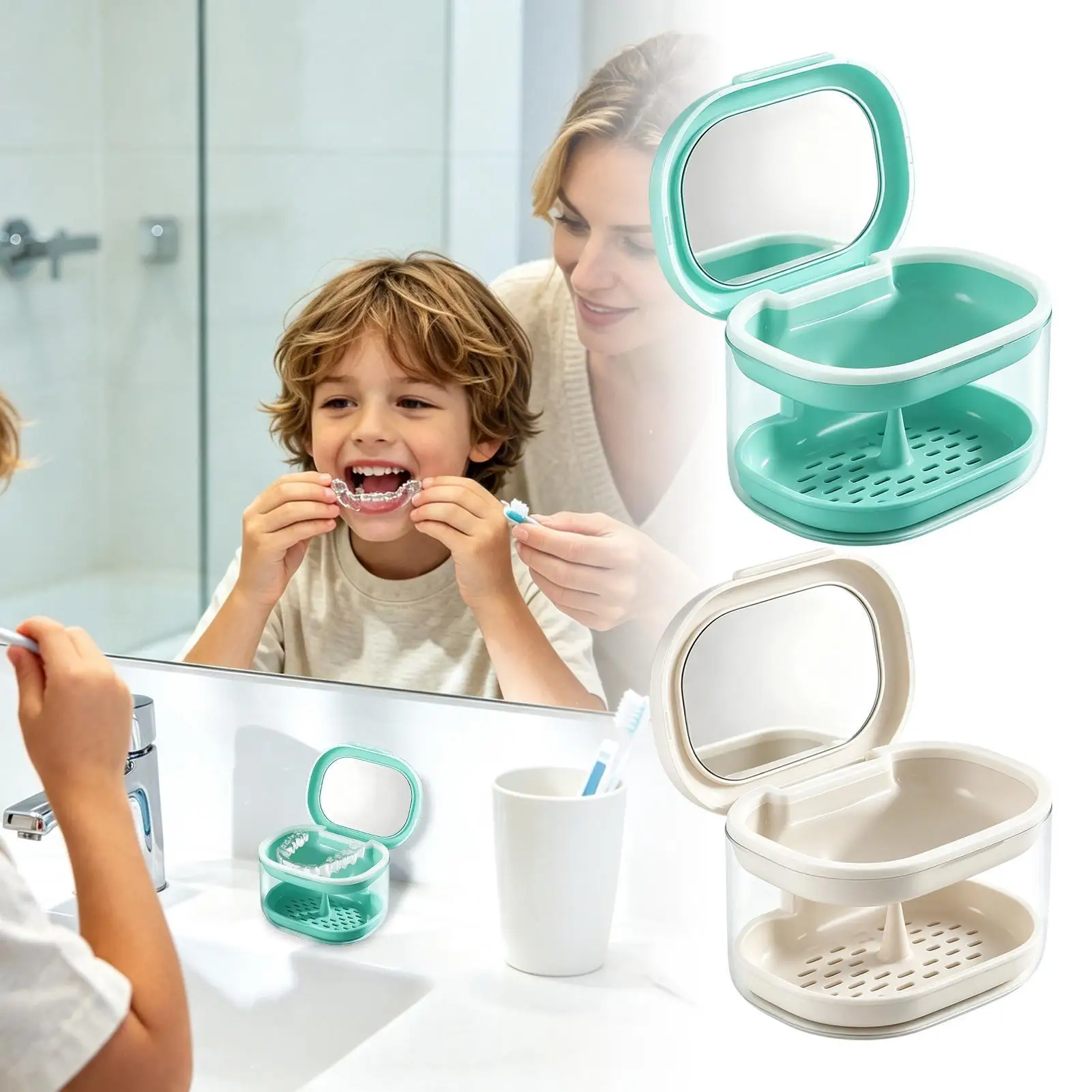 Retainer Container Multipurpose False Teeth Soak Container With Mirror Portable Mouthguard Case For Women Men Adults Kids Home