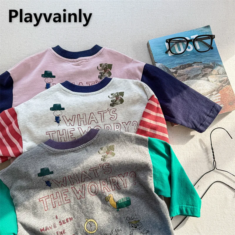 

Детская футболка в корейском стиле, весенне-осенний лоскутный цветной пуловер с длинными рукавами и круглым вырезом, пуловер с буквенным принтом, топы, детская одежда A6103