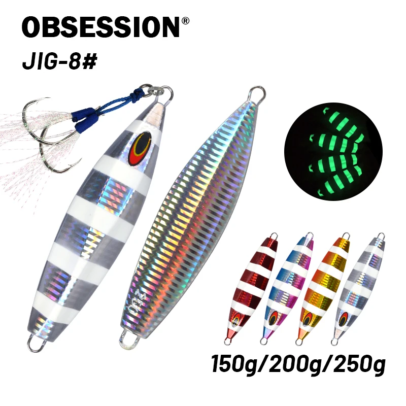 

OBSESSION 200g 250g 300g Metal Jig Slow Sea Fishing Lures Glow Hard Bait Bass Artificial Bait Jigging Hooks Pesca Sinking Lure